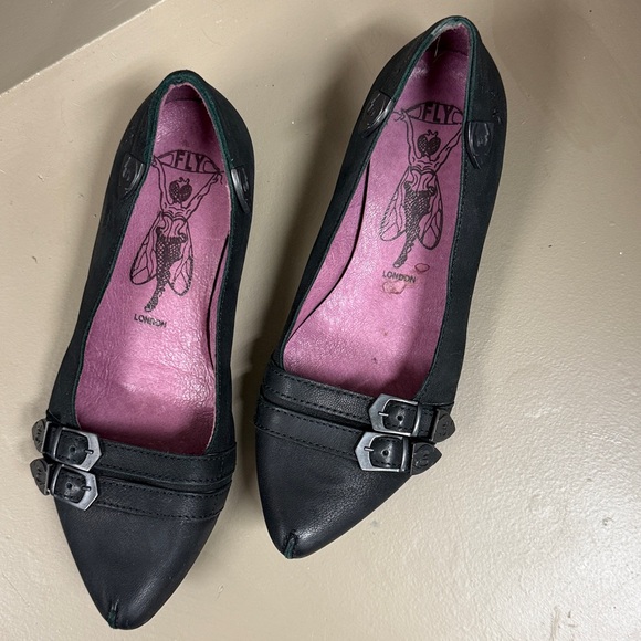 Fly London Shoes - Fly London Suede Black Ballet Flats Edgy Buckle Detail, Pointed Toe EUC sassy